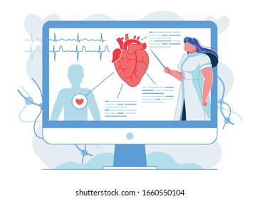 Heart Anatomy Explanation Flat Vector Illustration. Doctor, Cardiologist Making Presentation on Human Blood Circulatory System. Online Webinar on Heart Attack Reasons. Cardiology Webinar