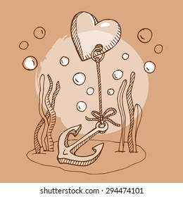 Heart with an anchor. Heart, anchor, sea, rope. The anchor pulls on the bottom heart. Pencil sketch. Vector sketch. Vector sketch, illustrations.