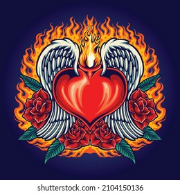 Heart angel fiery with red rose blooms Vector illustrations for your work Logo, mascot merchandise t-shirt, stickers and Label designs, poster, greeting cards advertising business company or brands.