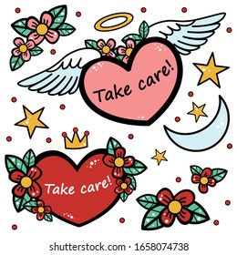 Heart of an angel. Take care! 
Vector illustration set.