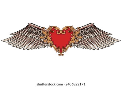 Heart with angel wing engraving ornament isolated on white background. Artwork design for t-shirt, tee, cover, clip art, sticker, print.