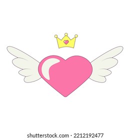 Heart With Angel Wings And Crown Bachelorette Party Illustration In Groovy Style