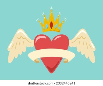 Heart with angel wings, crown and ribbon for inscription. Ribbon on flying heart for text bar. Design for greeting card, invitation, print, sticker. Illustration for valentine's day.