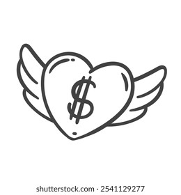 Heart with angel wings and dollar sign line icon. Outline hand drawn delivery of money with love, payment and transaction of currency. Dollar investment mascot, flying heart icon vector illustration