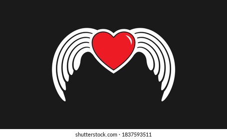 Heart with angel wings flat design isolated on black background. Vector illustration