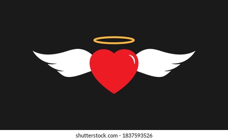 Heart with angel wings flat design isolated on black background. Vector illustration