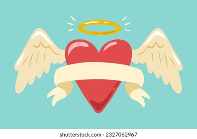 Heart with angel wings, halo and ribbon for inscription. Ribbon on flying heart for text bar. Design for greeting card, invitation, print, sticker. Illustration for valentine's day.