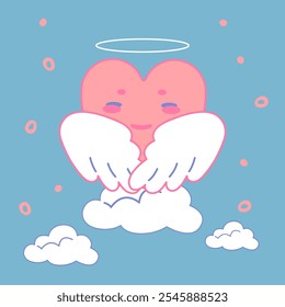 Сartoon heart with angel wings and a halo. Vector image of a happy pink heart on a blue background with clouds. Romantic illustration for Valentine's Day, expressing a feeling of love and peace
