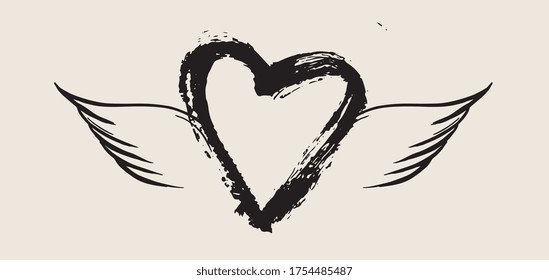 Heart with angel wings hand drawn vector illustration