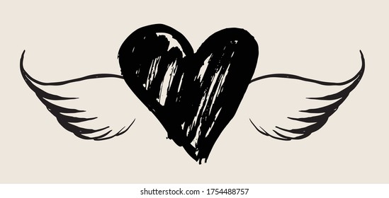 Heart with angel wings hand drawn vector illustration