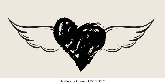 Heart with angel wings hand drawn vector illustration