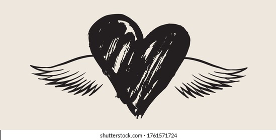 Heart with angel wings hand drawn vector illustration