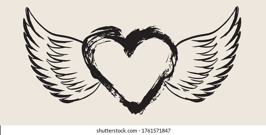 Heart with angel wings hand drawn vector illustration