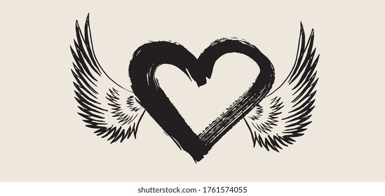 Heart with angel wings hand drawn vector illustration