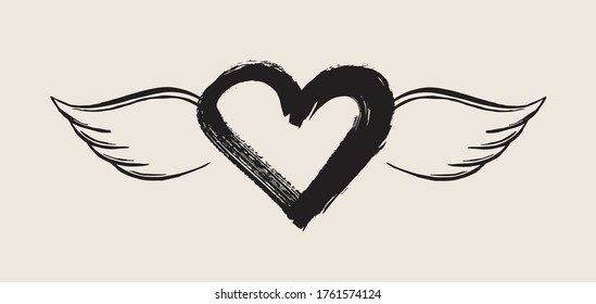 Heart with angel wings hand drawn vector illustration