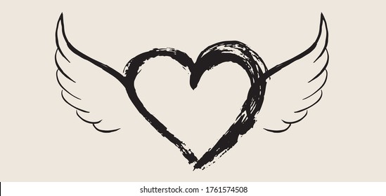 Heart with angel wings hand drawn vector illustration