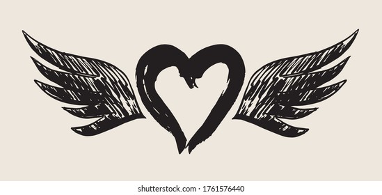 Heart with angel wings hand drawn vector illustration