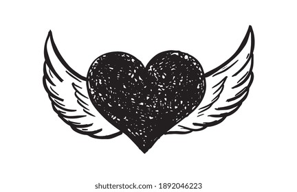 Heart with angel wings, hand drawn.	