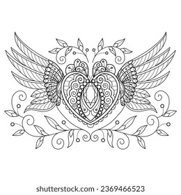 Heart and angel wings hand drawn for adult coloring book