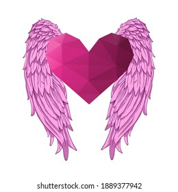 Heart With Angel Wings. Valentines Day Banner, Placard, Postcard Design Template. Fashion Print Vector. Polygonal Clip Art Illustration. 