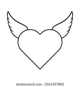 Heart with Angel Wings Vector Illustration. The heart is centered and outlined, flanked symmetrically by stylized, feathered wings extending outward.