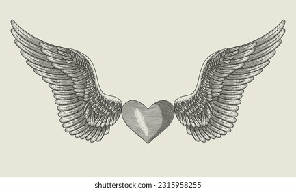 heart with angel wings ,  vintage engraving vector illustration
