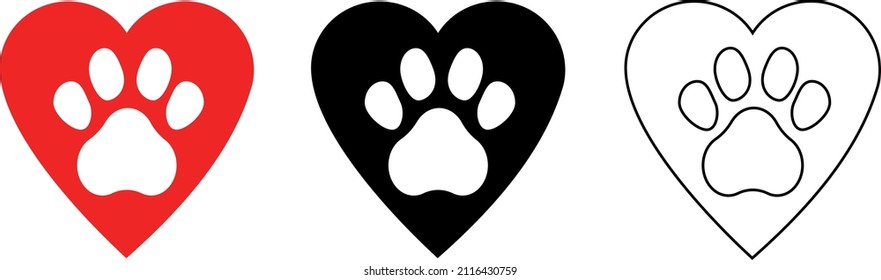 heart with animal paw icon, love for a dog or cat, paw print, care pet concept, donate or charity for animals logo, thin line symbol on white background - editable stroke vector illustration