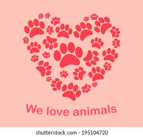 Heart animal's footprints vector illustration. Print "we love animals"