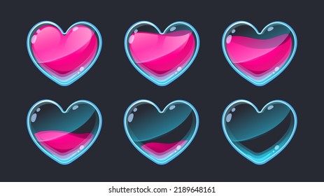 Heart Animation UI. Empty To Full 2D Game Life Sprite Asset For Health Indication GUI, Web App And Mobile Game Interface Symbol Graphic Design. Vector Set Of Virtual Progress User Heart Illustration