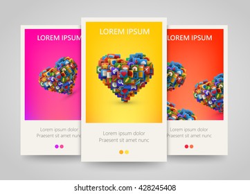 Heart with lot of application icons. Colorful banner set. Vector illustration