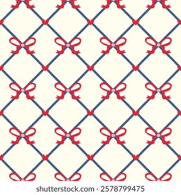 Heart of Argyle with red ribbon red heart. Seamless pattern. Vector.