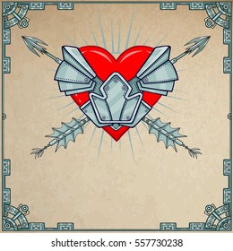 Heart in armor. A background - imitation of old paper. Vector illustration. Print, posters, t-shirt, card. 