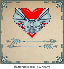 Heart in armor. A background - imitation of old paper. Vector illustration. Print, posters, t-shirt, card. 