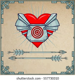 Heart in armor. A background - imitation of old paper. Vector illustration. Print, posters, t-shirt, card. 