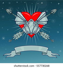 Heart in armor. Background - the night star sky. A tape for the text. Vector illustration. Print, posters, t-shirt, card. 