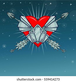 Heart in armor. Background - the night star sky. Vector illustration. Print, posters, t-shirt, card. 