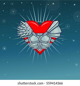 Heart in armor. Background - the night star sky. Vector illustration. Print, posters, t-shirt, card. 