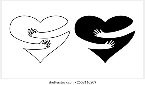 Corazón con los brazos abrazando el icono. Amor, pasión y esténcil romántico. Abrazo Clipart. Ilustración vectorial