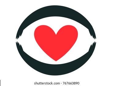 Heart in the arms of a pair of hands. Template for Valentine's Day or wedding. Heart Union. Heart in human embrace vector illustration.