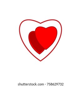 Heart around two heart. Red sign. Romantic symbol linked, join, love, passion and wedding. Template for t shirt, apparel, card, poster. Design element of valentine day. Vector illustration