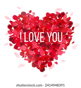 Heart arranged from red rose petals on white romantic vector card. Heart wedding celebration design. Love wreath. Stylish fashion backdrop. Saint Valentines Day template. All elements are isolated