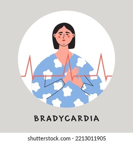 Heart arrhytmia, bradycardia. Woman press her chest with hand. Flat vector isolated illustration.