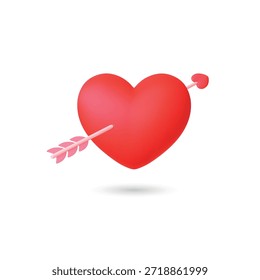 Heart with arrow 3d icon. Isolated red heart pierced by arrow. Realistic plastic render design. Romantic, love, relationship, st valentines vector element