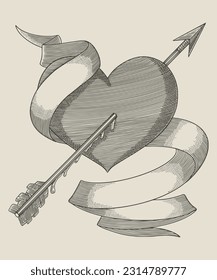heart with arrow and banner. Hand drawing vintage engraving illustration

