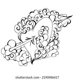 Heart with an arrow in the clouds. Abstract vector illustration for Valentine's Day, for the design of a romantic mood or tattoo. Black illustration.