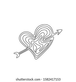Heart with arrow continuous line drawing, single line on a white background, hand drawn vector illustration. Valentine's Day. Isolated on white background.