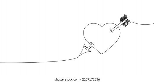 Heart with an arrow continuous line drawing. One line art of romance, congratulations, love, cupid, feelings, relationships.