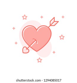 Heart with arrow flat cartoon style concept. Simple sign of love. Valentine Day icon. Valentine day symbol for print, social media post, web banner, card design. Vector Illustration isolated on white