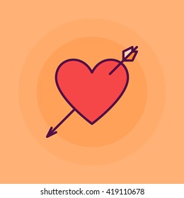 Heart with arrow flat illustration - vector simple heart shot symbol on yellow background