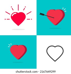 Heart arrow icon 3d vector red and balck and white shape or line outline linear silhouette flat image illustration, tattoo pictogram graphic, beat or in love passion happy cut out clipart